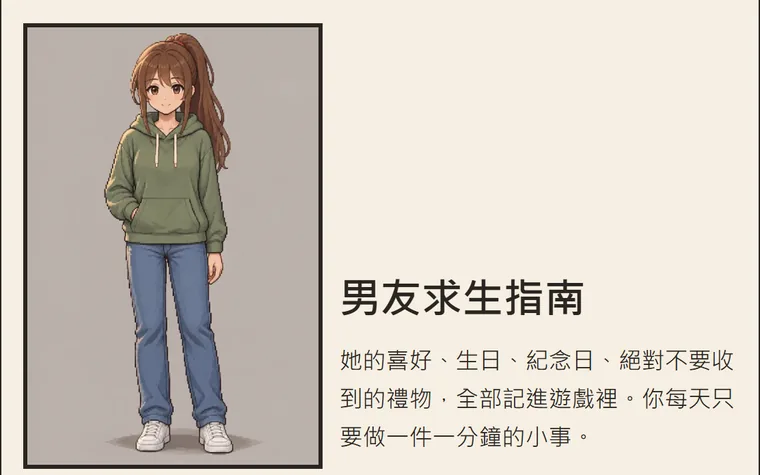 男友求生指南首頁：遊戲裡的她穿綠色帽 T 和牛仔褲的全身圖，旁邊寫著她的喜好、生日、紀念日、絕對不要收到的禮物，全部記進遊戲裡
