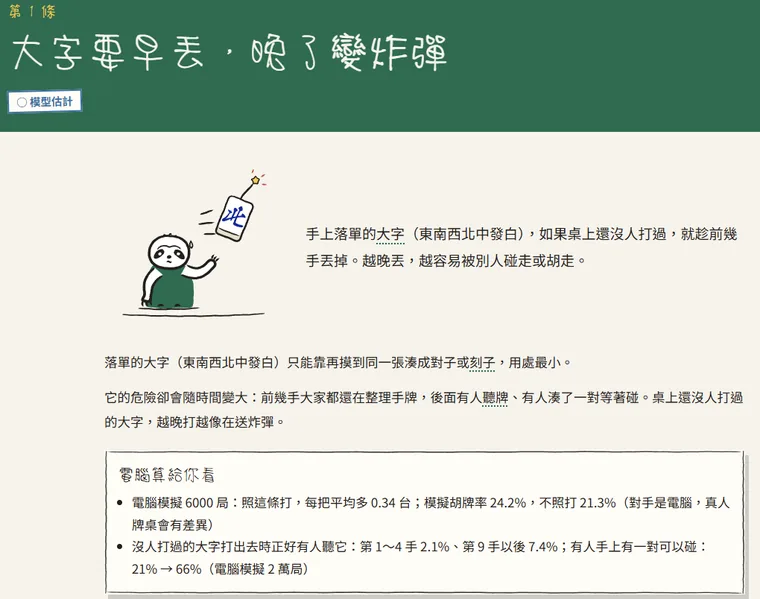 秒懂麻將第 1 條口訣「大字要早丟，晚了變炸彈」的頁面：小懶丟出一張北風的插圖、白話說明，和電腦模擬算出來的數字